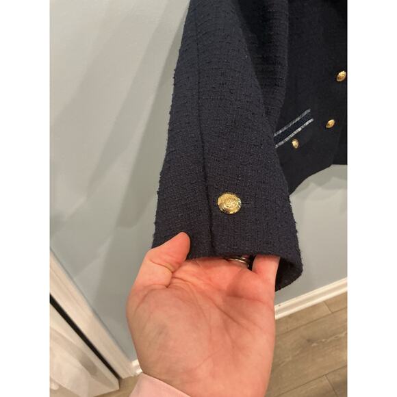 Talbots Contrast Trim Tweed Jacket Size 16P 16 Lady Blazer Navy Blue Preppy Ivy - Picture 11 of 12